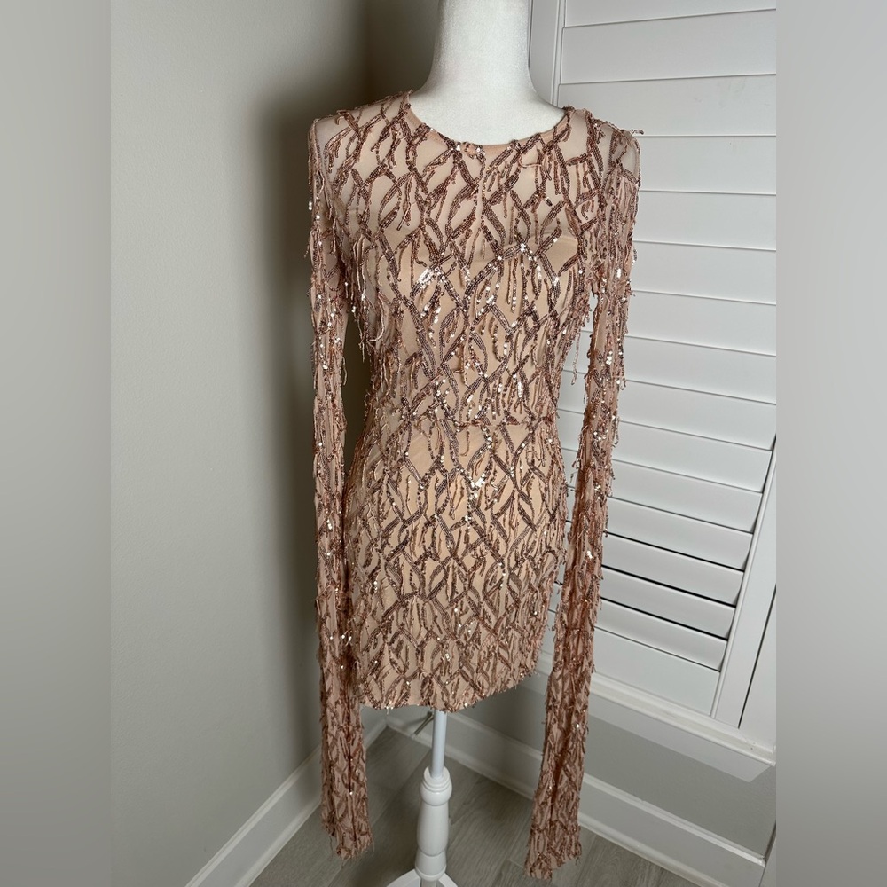 BANJUL”Dance the night away sequin Gold  Long sleeve spandex  Mini Dress size M